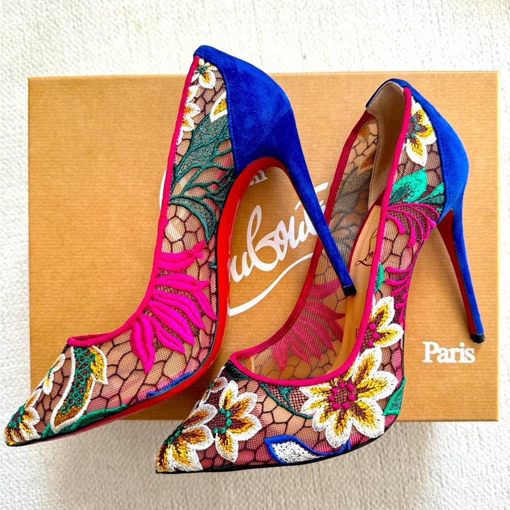 Louboutin Follies lace floral heels. 37eu. 6.5us